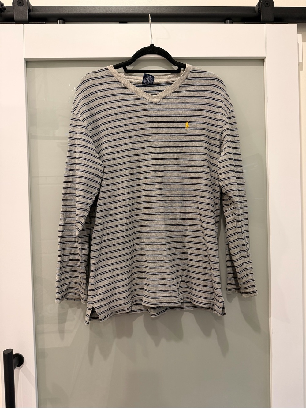 Ralph Lauren Long-Sleeve V‑Neck Striped Shirt in Gray and Blue with Yellow Logo